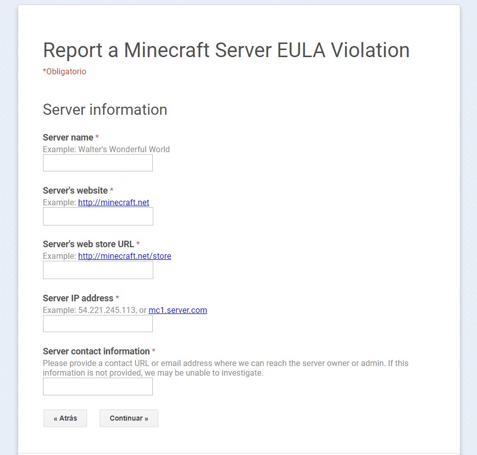 formulario de denuncia de un servidor de Minecraft