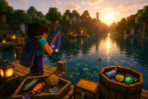 Lee más sobre el artículo Caña de pescar en Minecraft: crafteo, encantamientos y mejores usos