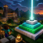 Ilustracion de un faro de Minecraft sobre una piramide de bloques minerales