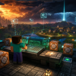 Ilustracion de comandos de Minecraft con bloques de comando y un jugador en una base survival