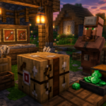 Ilustracion de mesa de flechas y aldeano flechero en una aldea de Minecraft