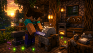 Lee más sobre el artículo Piedra de afilar en Minecraft: crafteo, reparar objetos y quitar encantamientos