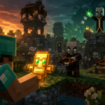 Ilustracion de un totem de la inmortalidad frente a enemigos de incursiones en Minecraft