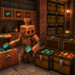 Ilustracion estilo Minecraft para Copper Golem en Minecraft: como invocarlo y ordenar cofres automaticamente