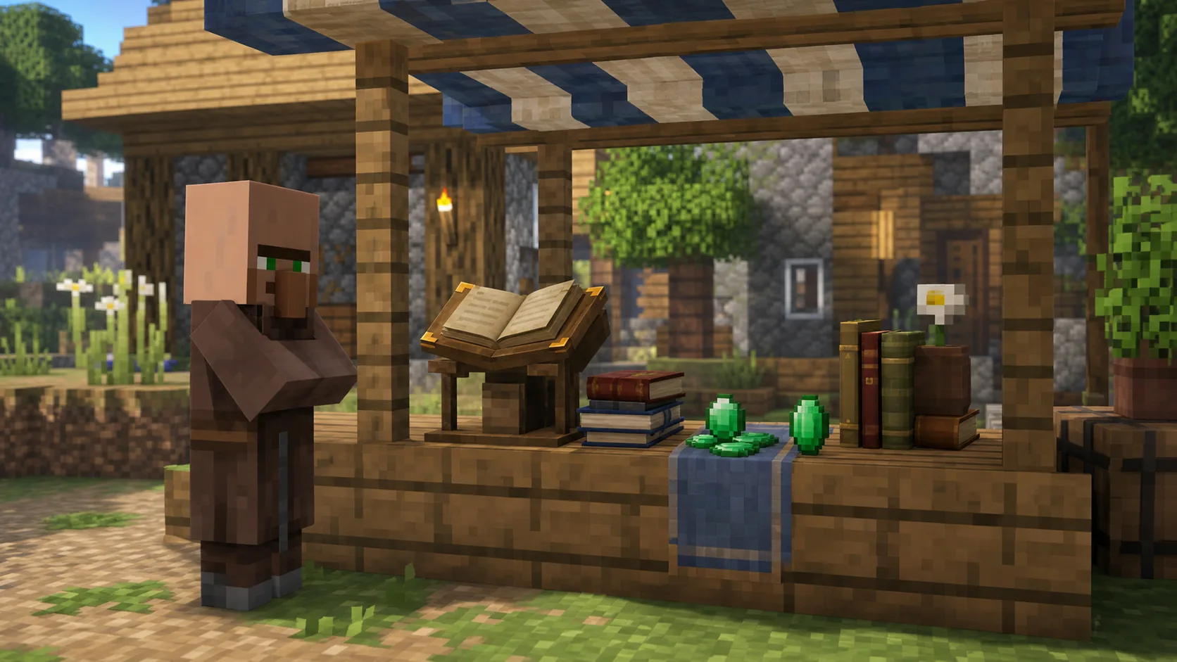 Aldeano de Minecraft junto a un atril y libros en un puesto de mercado