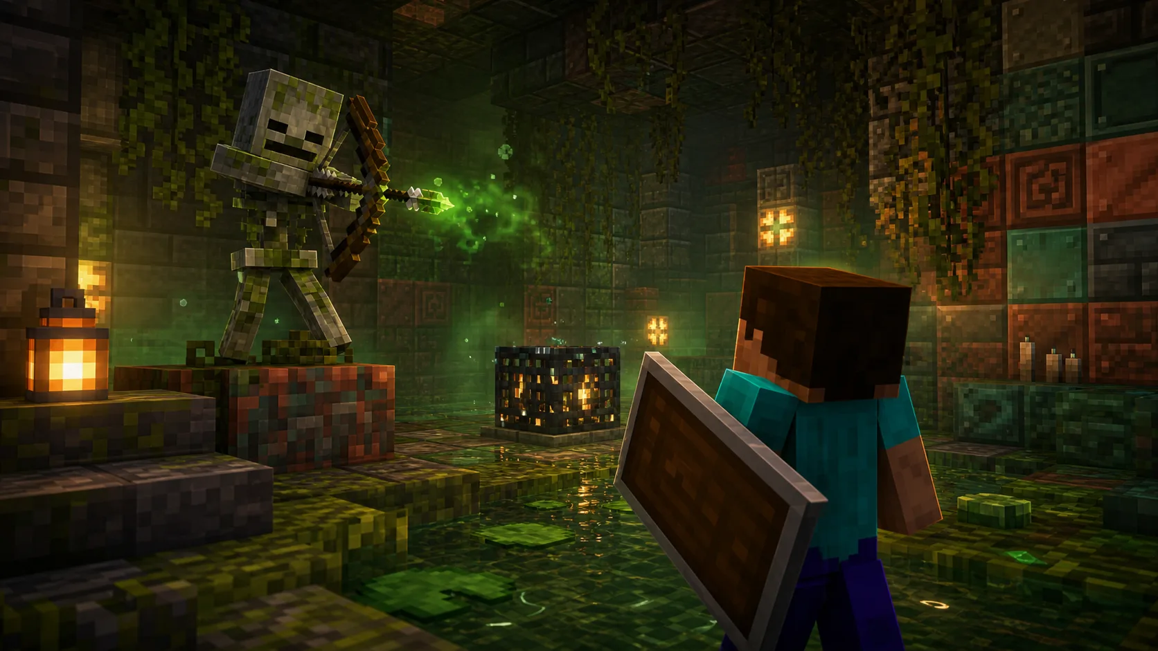 Ilustracion estilo Minecraft para Bogged en Minecraft: donde aparece, drops y diferencias con esqueletos