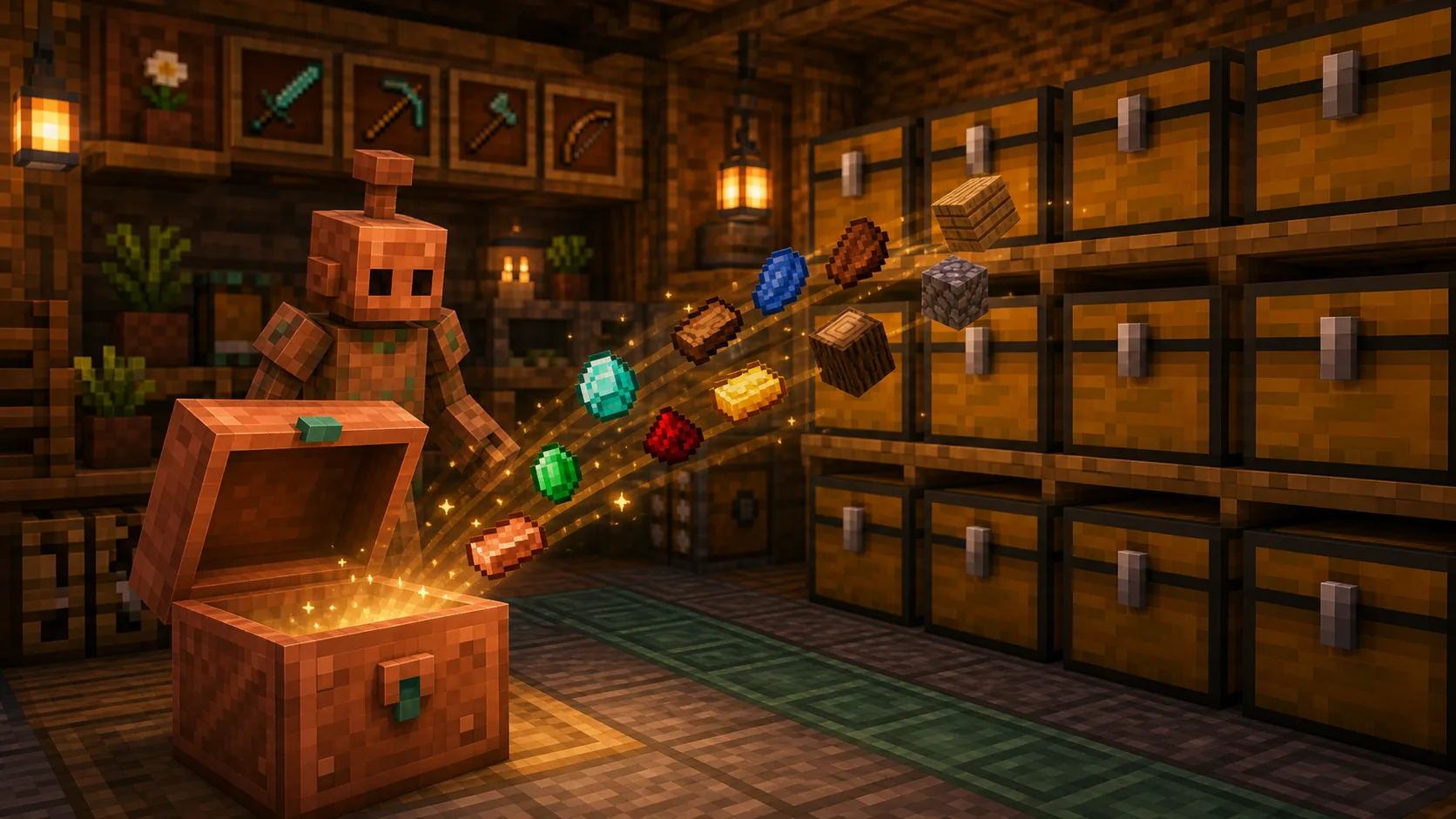 Ilustracion estilo Minecraft para Cofre de cobre en Minecraft: como funciona con el Copper Golem