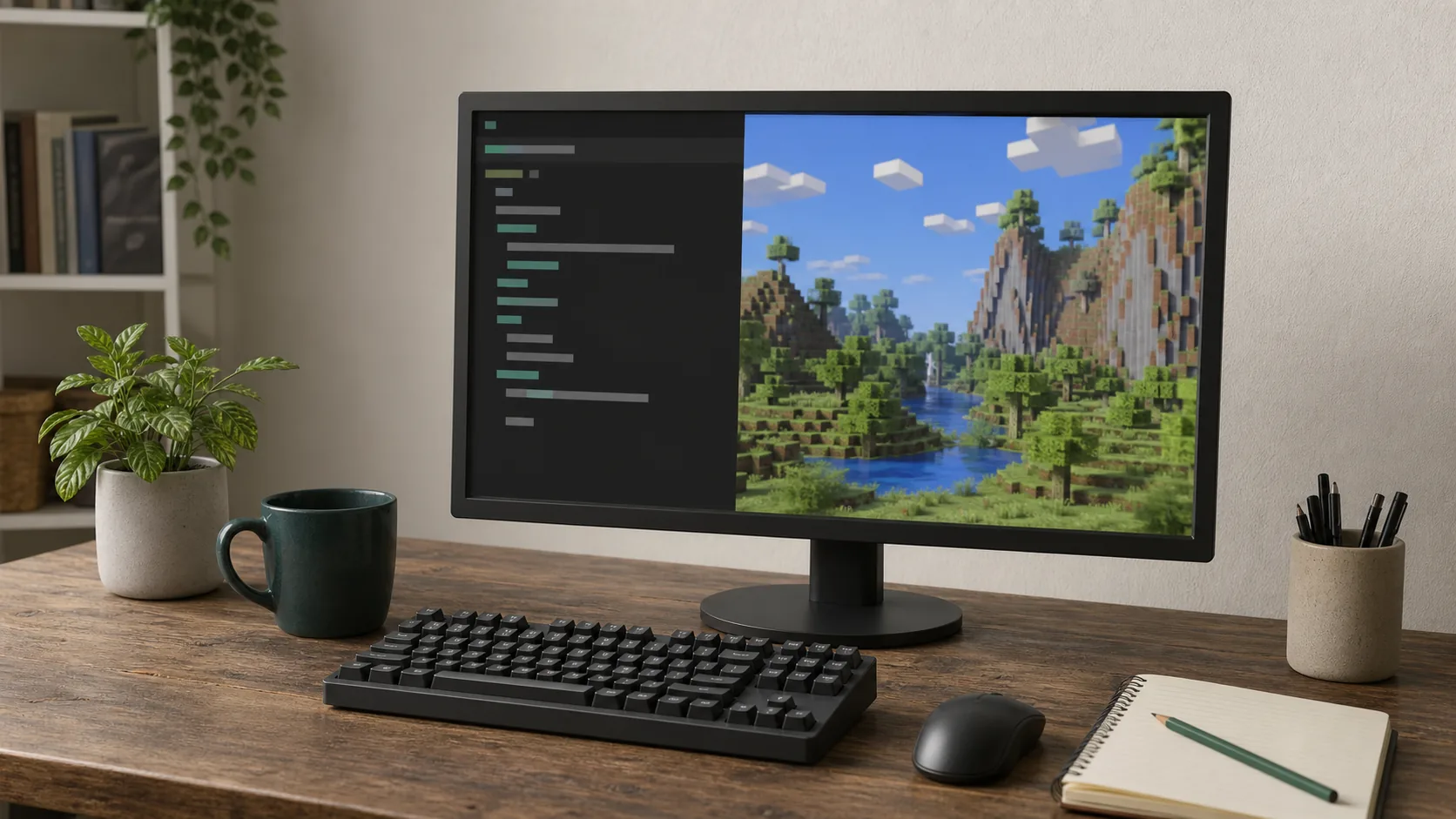 Monitor con un mundo de Minecraft y un panel de comandos