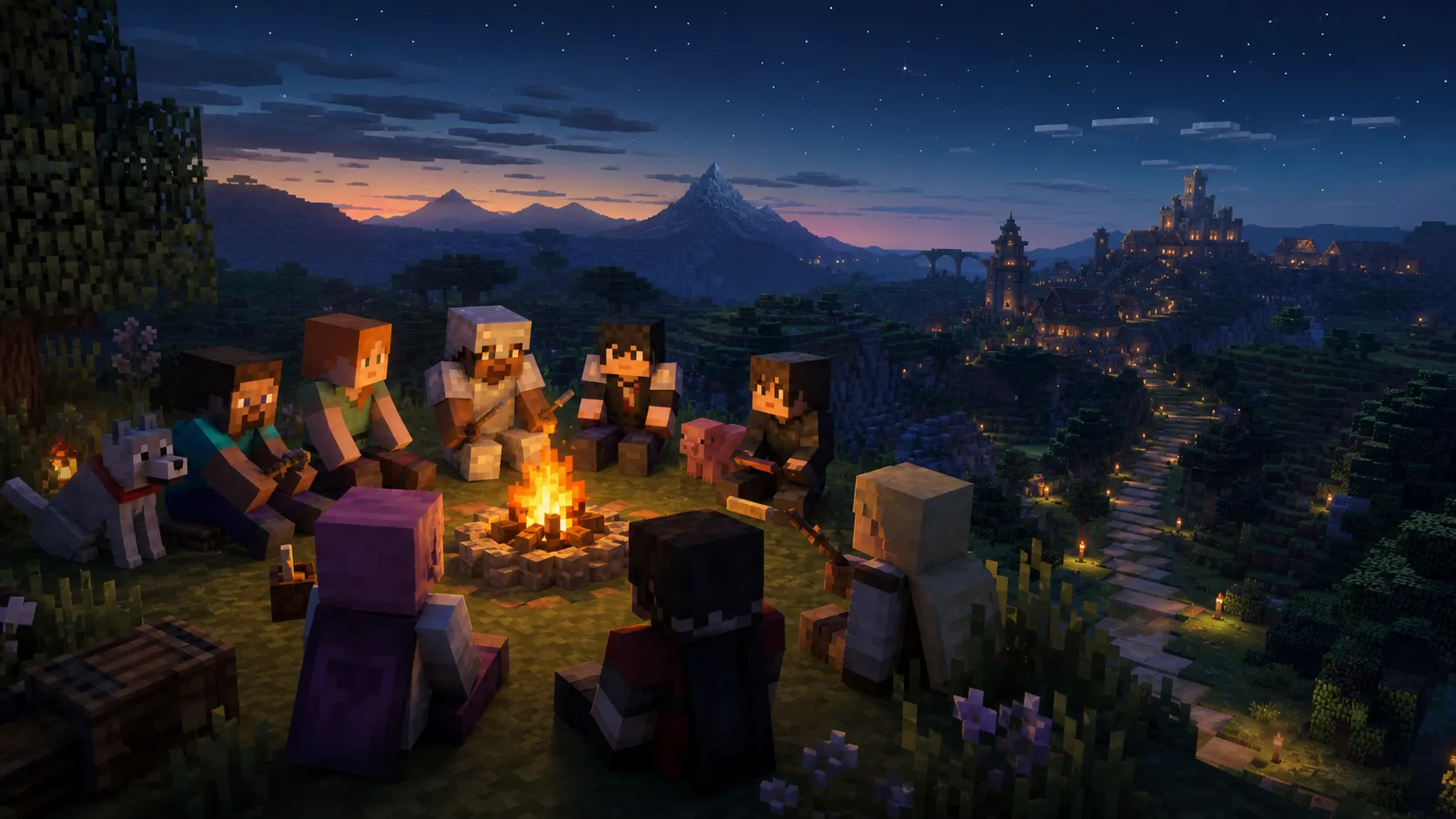Grupo de jugadores de Minecraft reunidos alrededor de una hoguera frente a un poblado iluminado
