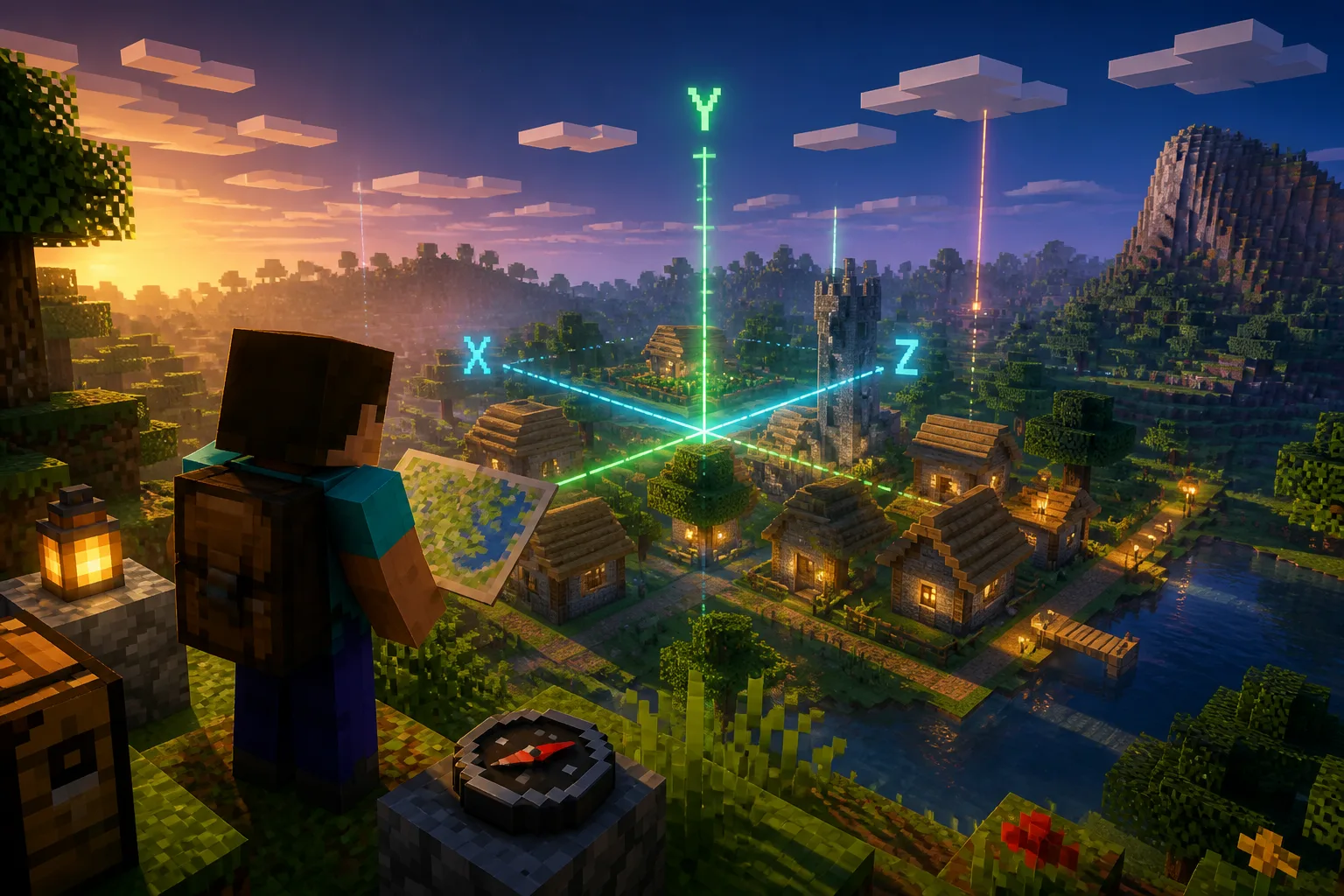 Ilustracion de exploracion en Minecraft con coordenadas, mapa y aldea a lo lejos