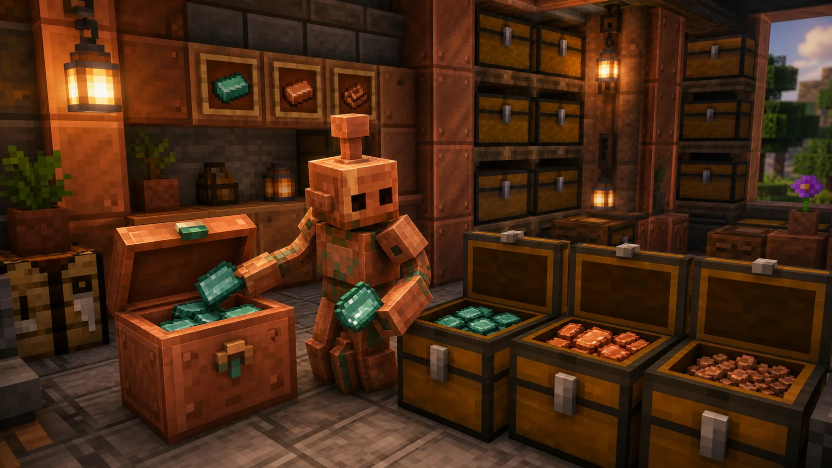 Ilustracion estilo Minecraft para Copper Golem en Minecraft: como invocarlo y ordenar cofres automaticamente