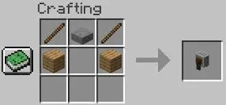 Receta de crafteo de la Afiladora en Minecraft: 2 palos, 1 losa de piedra y 2 tablones