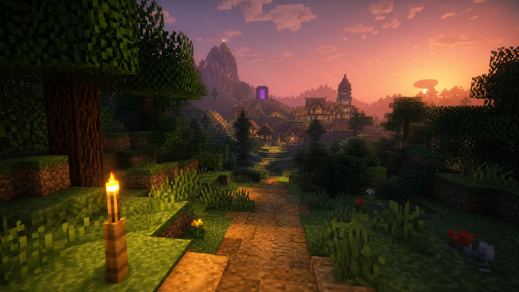 Camino iluminado que conduce a un poblado de Minecraft al atardecer