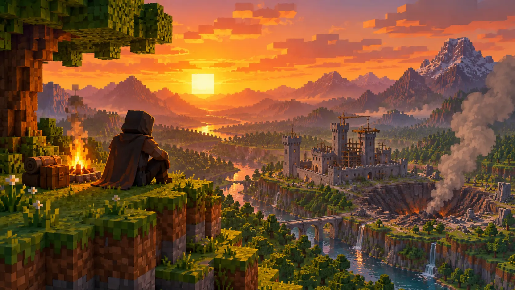 Viajero encapuchado sentado junto a una hoguera en un acantilado de bloques al atardecer, con un castillo a medio construir y un cráter humeante en el valle