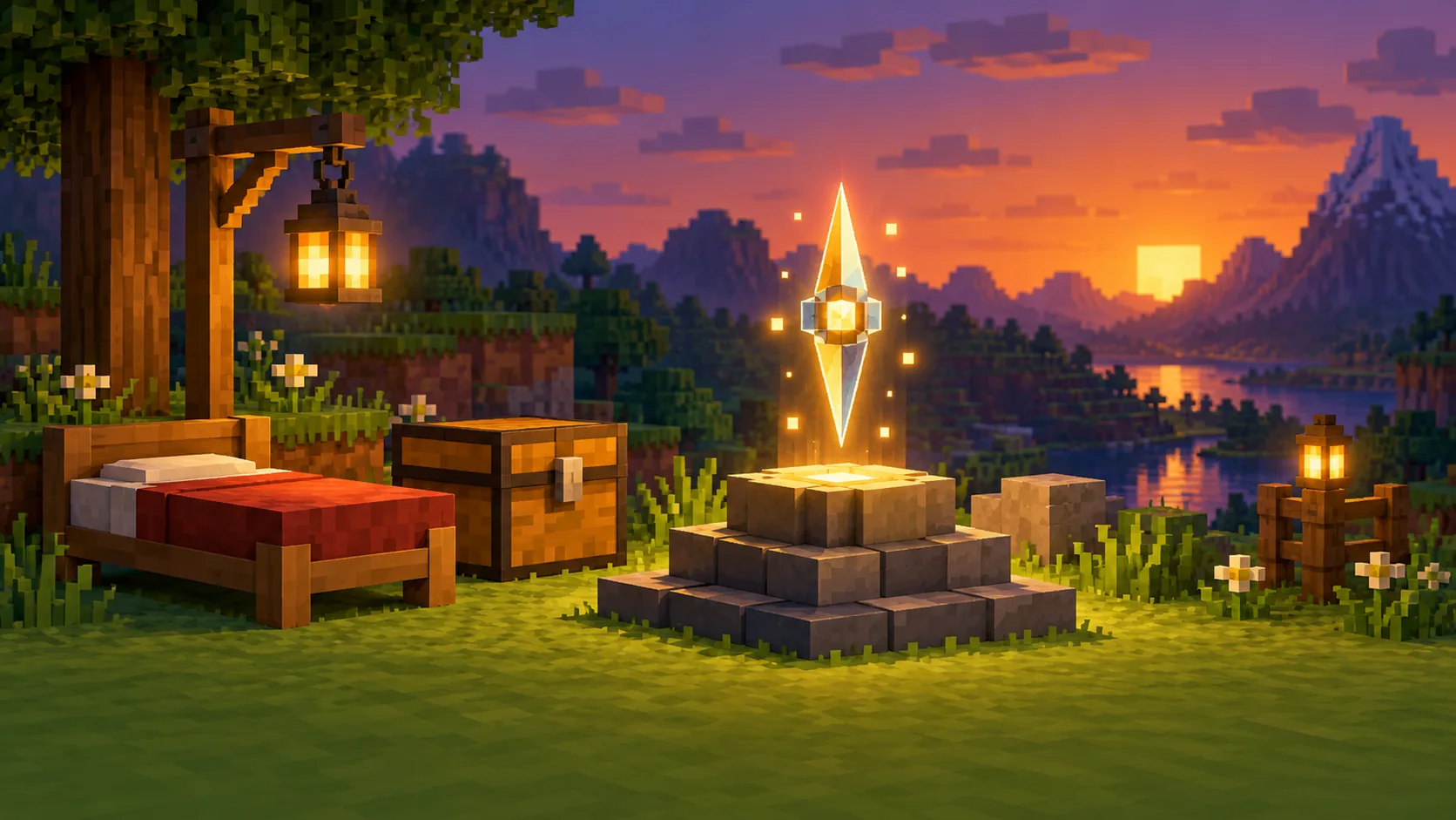 Campamento de bloques al atardecer con una cama, un cofre, un farol y una brújula de cristal brillante flotando sobre un pedestal de piedra