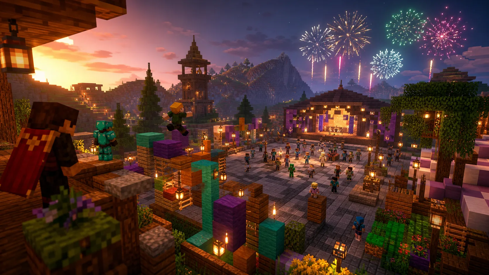 Plaza de Minecraft llena de jugadores, parkour y fuegos artificiales al anochecer