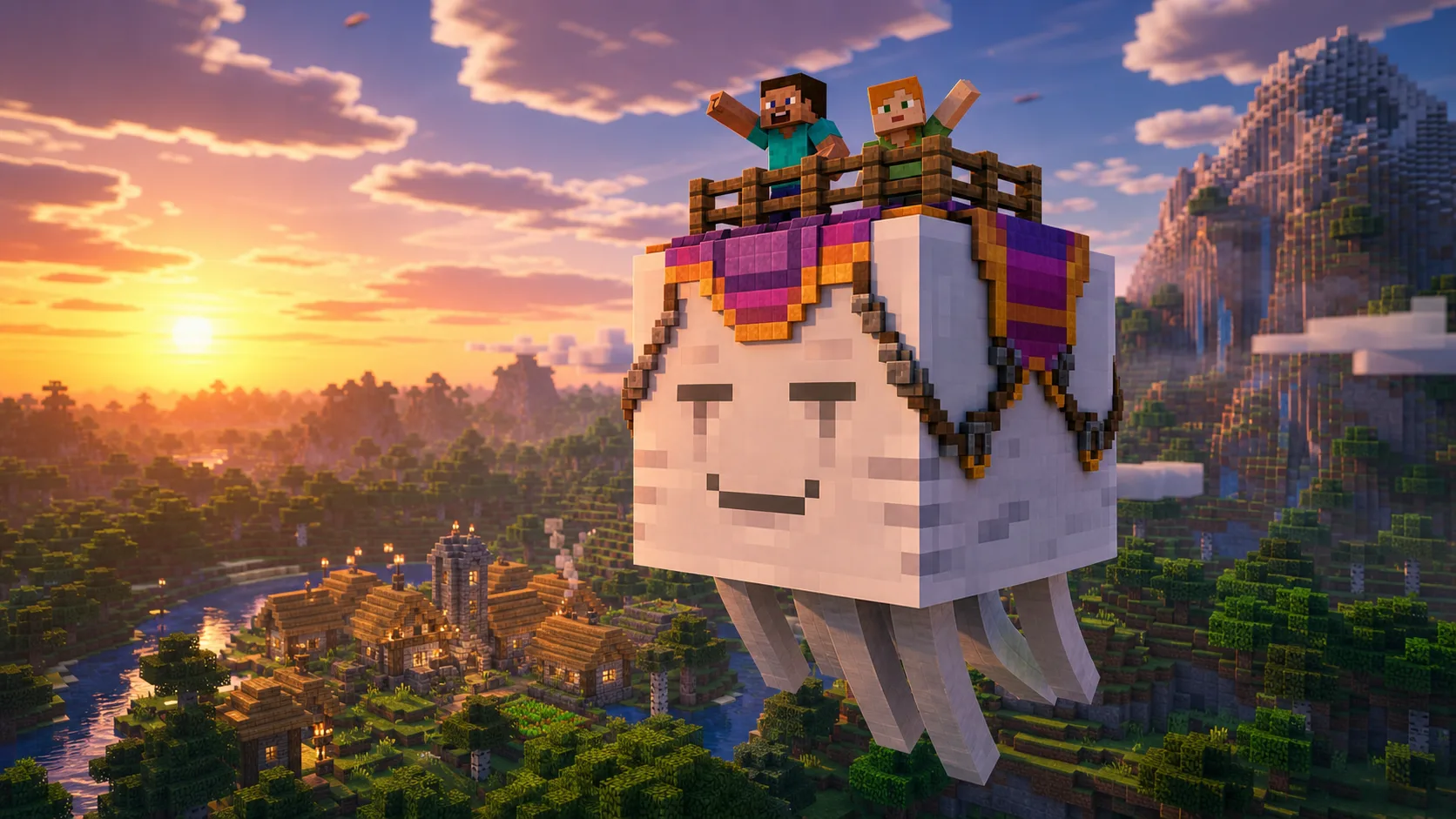 Ilustracion estilo Minecraft para Happy Ghast en Minecraft: como conseguirlo, criarlo y volar con el