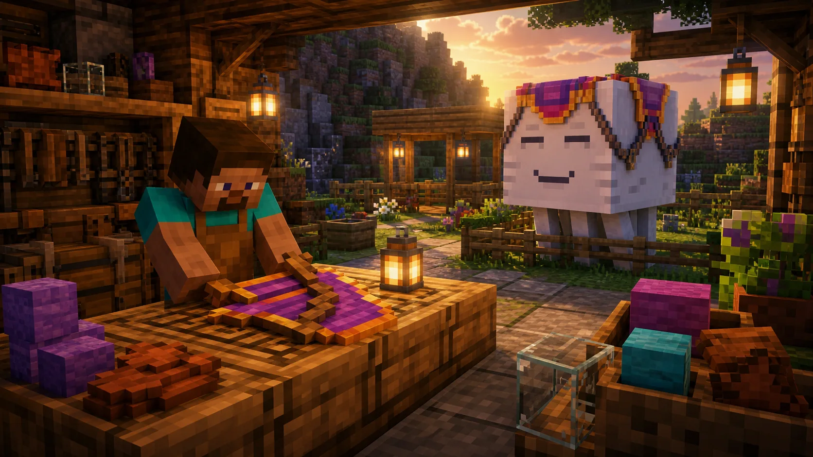 Ilustracion estilo Minecraft para Harness en Minecraft: receta, colores y como montar un Happy Ghast