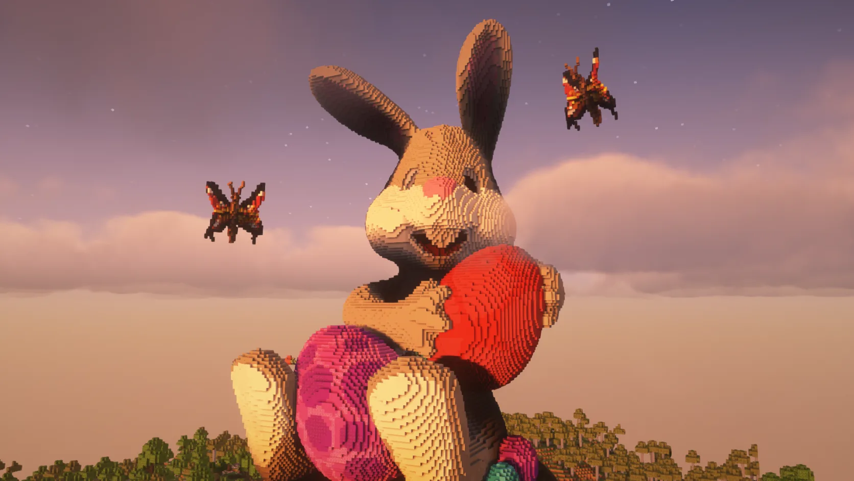 Una gran escultura voxel de un conejo con un huevo de Pascua contra un cielo al atardecer, en el servidor de Minecraft Hystic