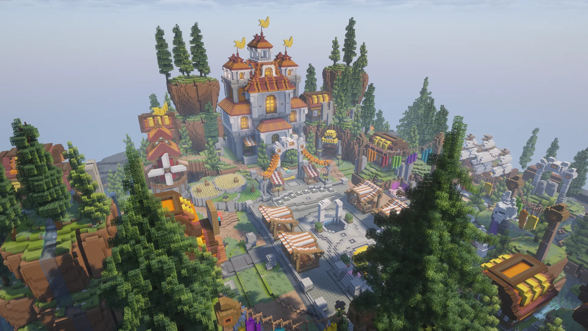 Plaza principal del spawn survival de Hystic, con un castillo, tenderetes de mercado y varias islas flotantes alrededor
