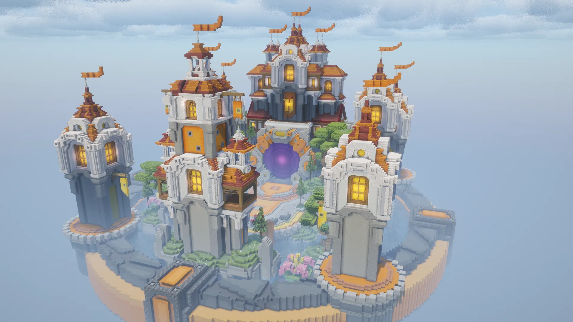 Vista aérea del spawn de Hystic sobre una isla flotante, con torres blancas y un portal morado en el centro