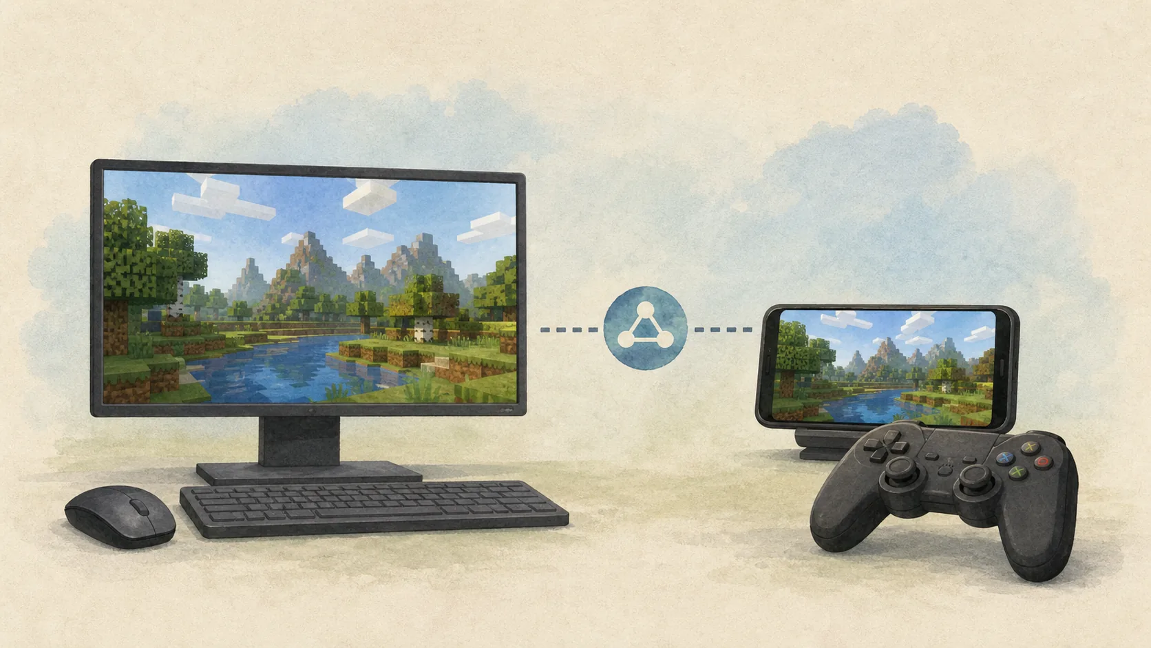 Ordenador y mando conectados al mismo mundo de Minecraft