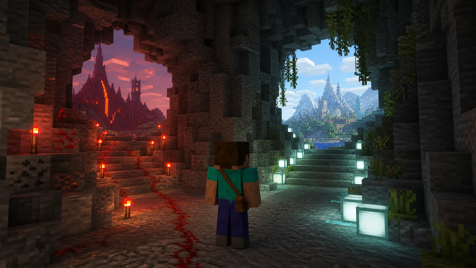 Jugador de Minecraft frente a dos caminos, uno iluminado con redstone y otro con sea lanterns