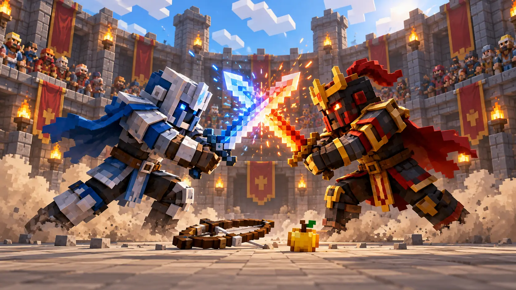 Dos jugadores voxel con armaduras y espadas se enfrentan en una arena cuadrada de piedra con gradas y antorchas