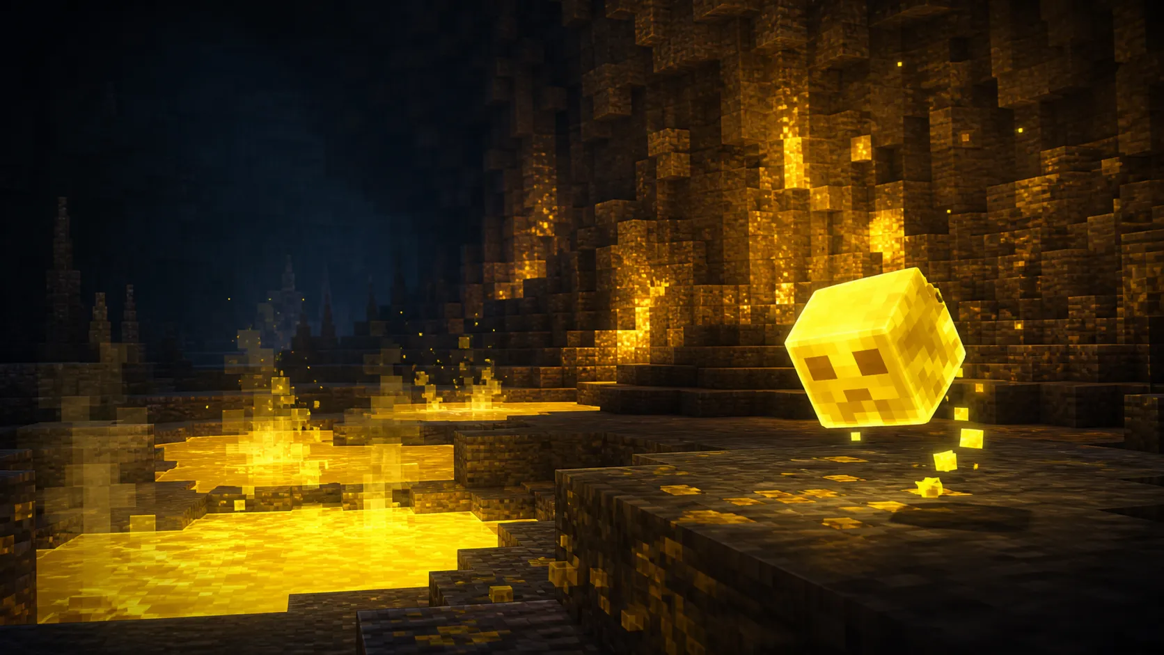 Cubo de Azufre iluminado junto a piscinas de azufre en una cueva de Minecraft