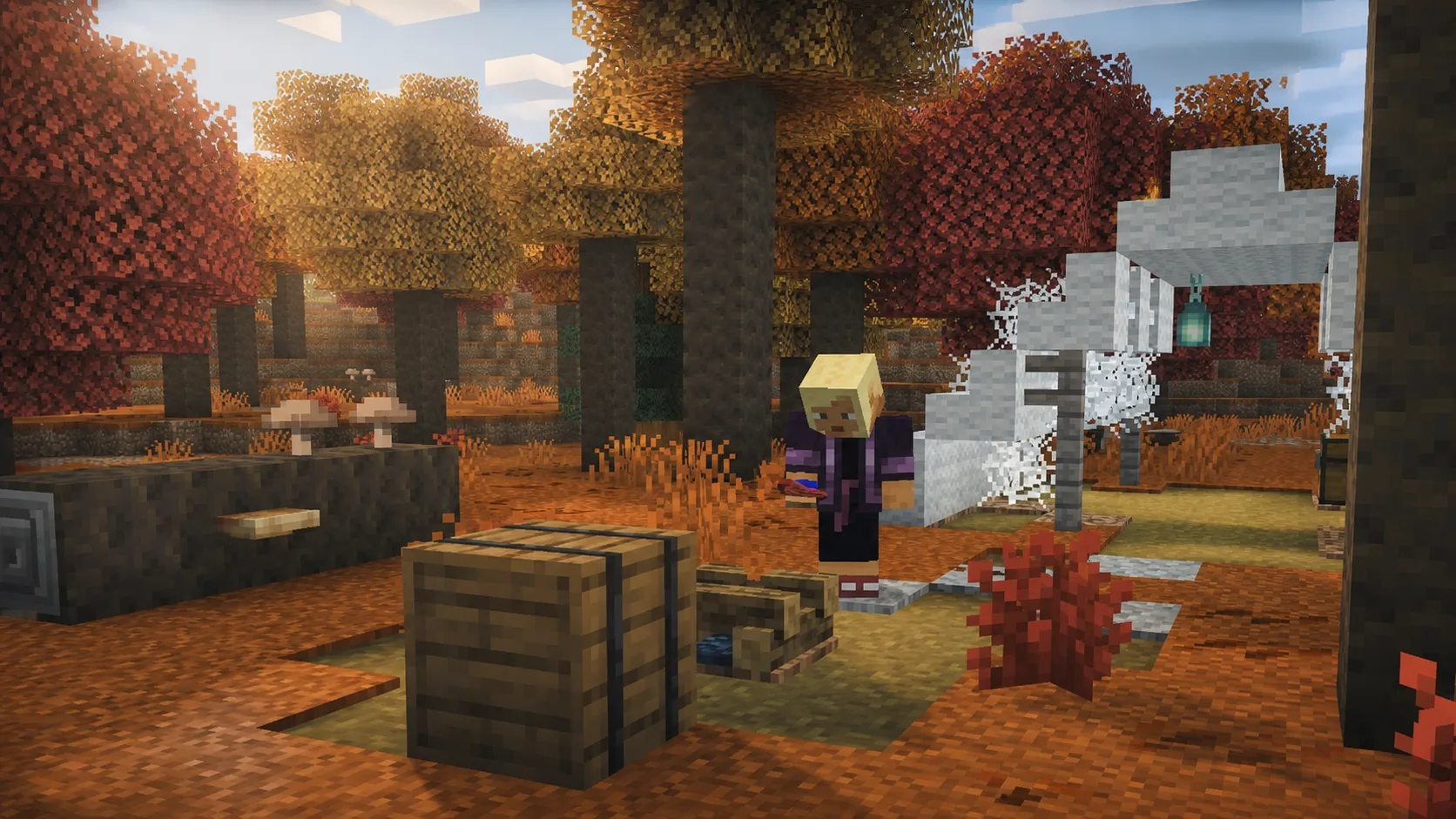 Bosque otoñal de Minecraft con un campamento abandonado, álamos de colores y una exploradora