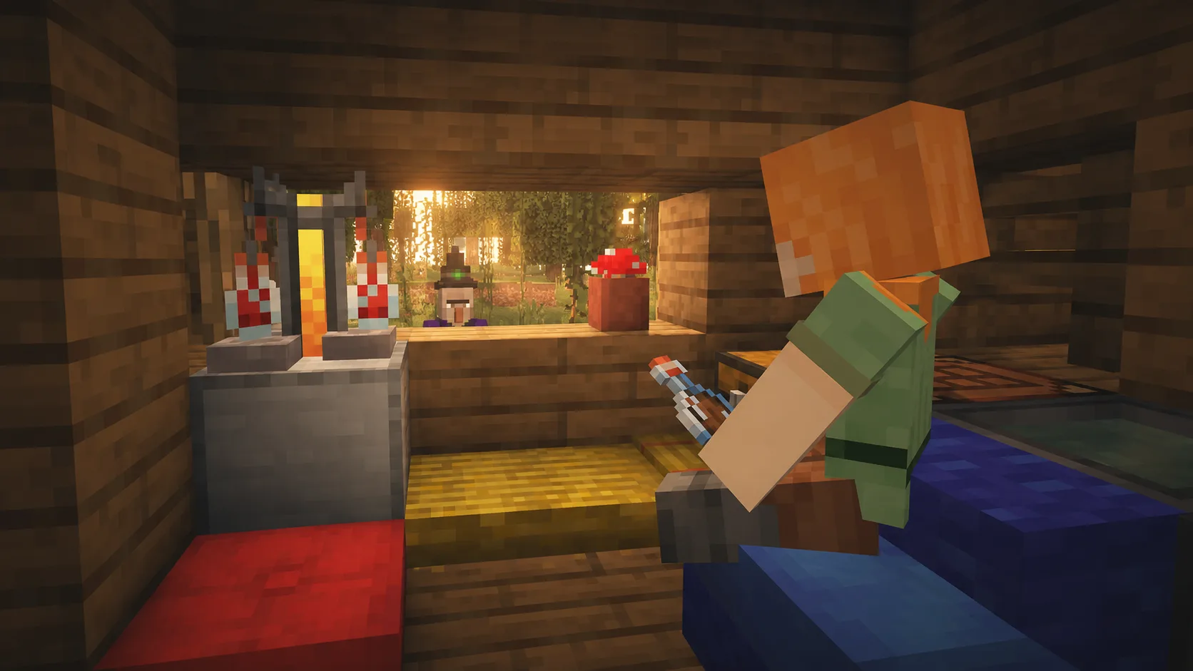 Interior de una cabaña de Minecraft con cojines de colores, una cama de paja y una mesa de pociones