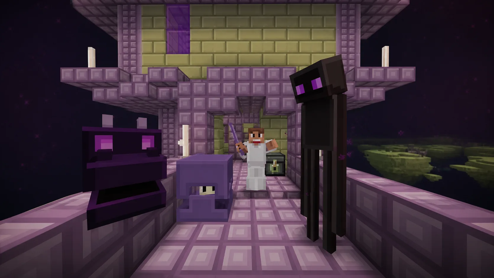 Enderman y shulkers junto a un jugador en una ciudad del End de Minecraft
