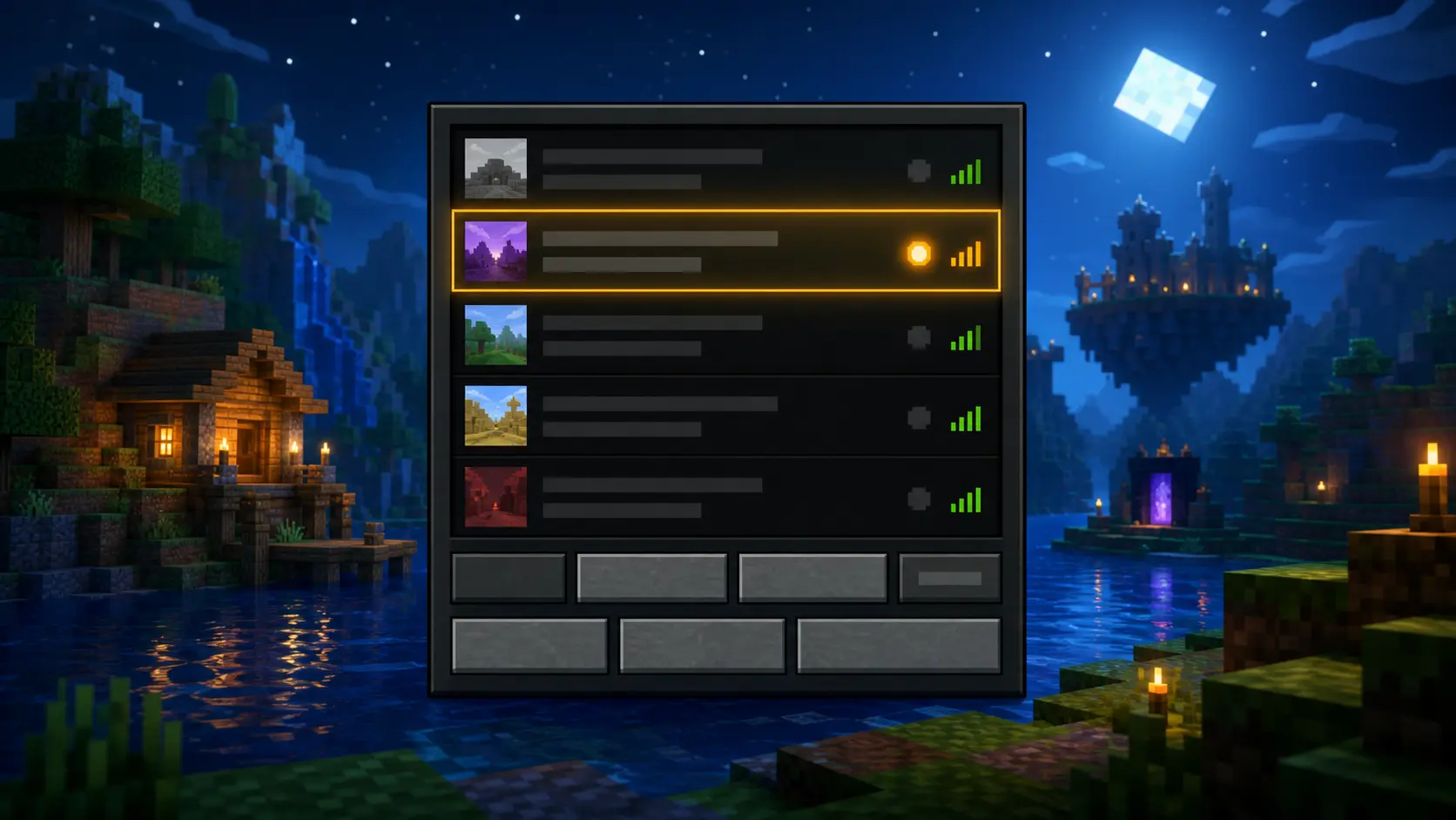 Lista de servidores de Minecraft Java frente a un paisaje de bloques con indicadores de conexión