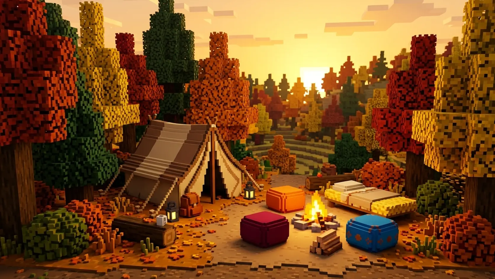 Campamento de tiendas junto a un bosque voxel otoñal de hojas rojas y amarillas con una fogata encendida al atardecer