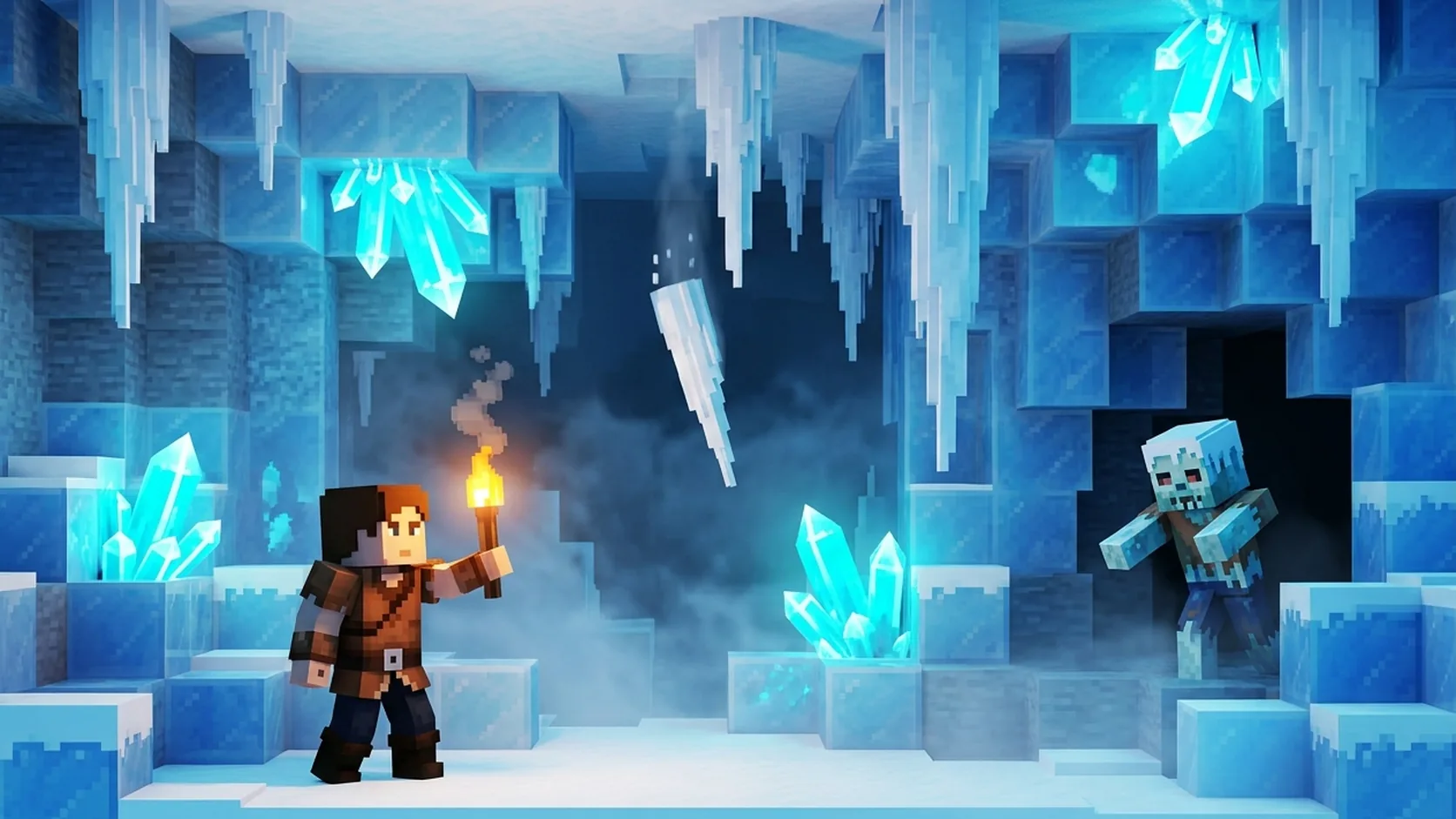 Interior de una cueva voxel helada con cristales de hielo luminosos, carámbanos colgando del techo y un jugador con antorcha