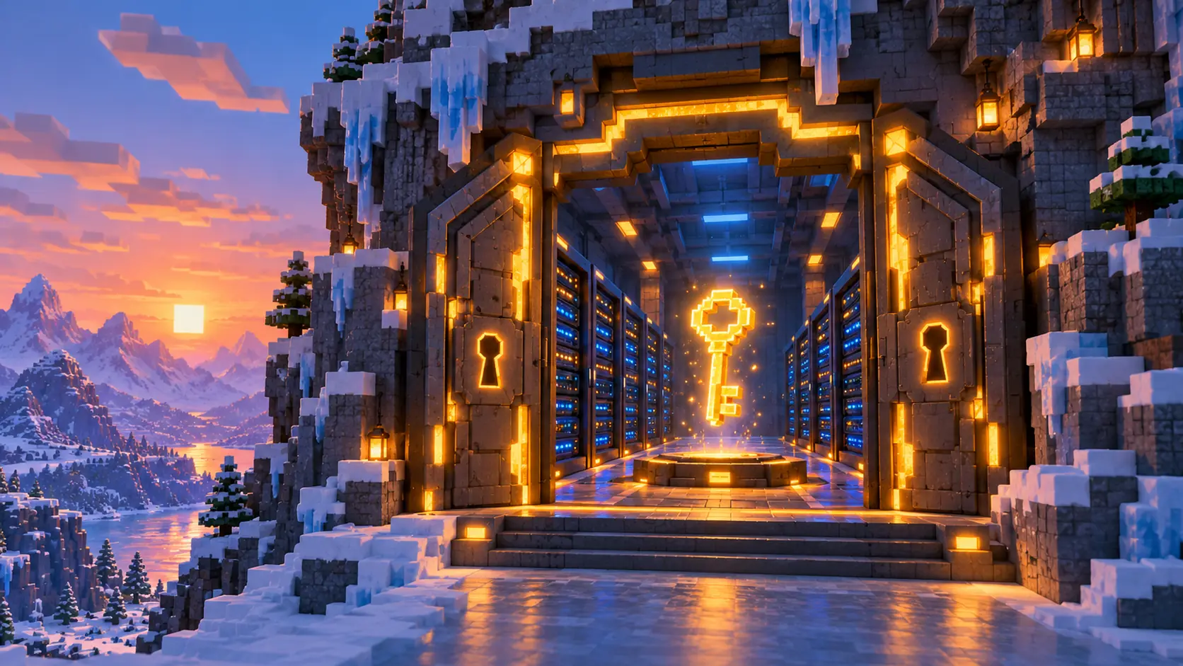 Una puerta de piedra con cerradura brillante y una llave dorada flotando ante una sala de servidores azul, en una montaña nevada al atardecer
