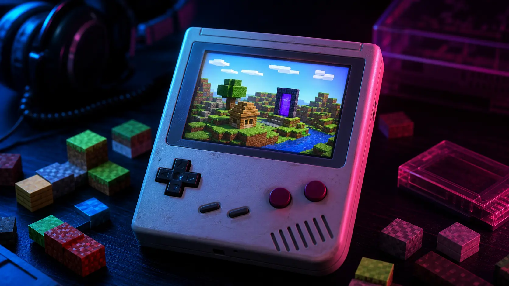 Game Boy Color mostrando un mundo voxel 3D con bloques y una pequeña pantalla retro