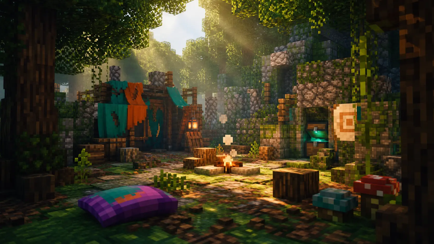 Campamento abandonado de Minecraft Bedrock en un bosque con un cojín y un cofre oculto