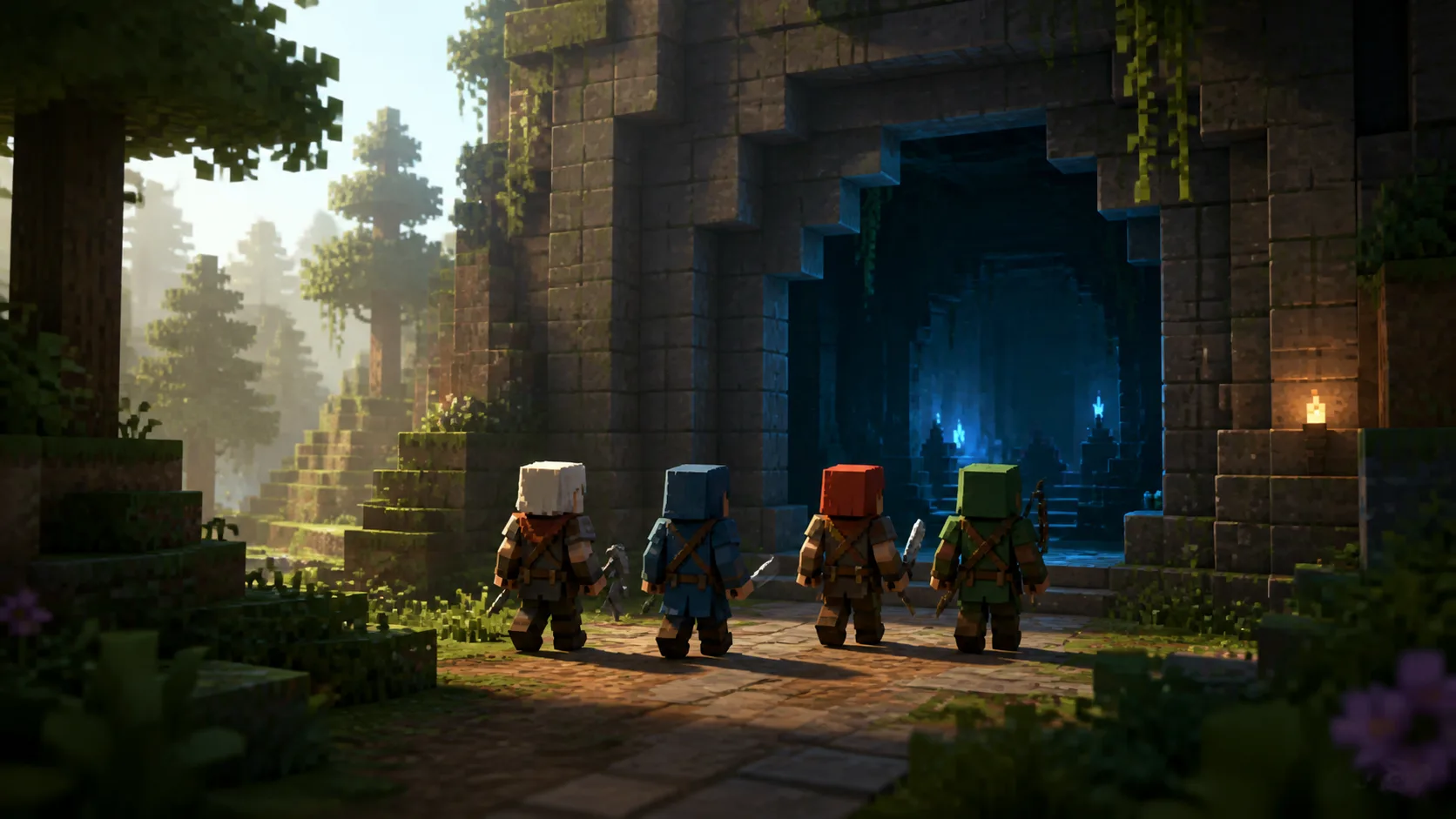 Cuatro aventureros voxel frente a la entrada de una mazmorra iluminada en un bosque