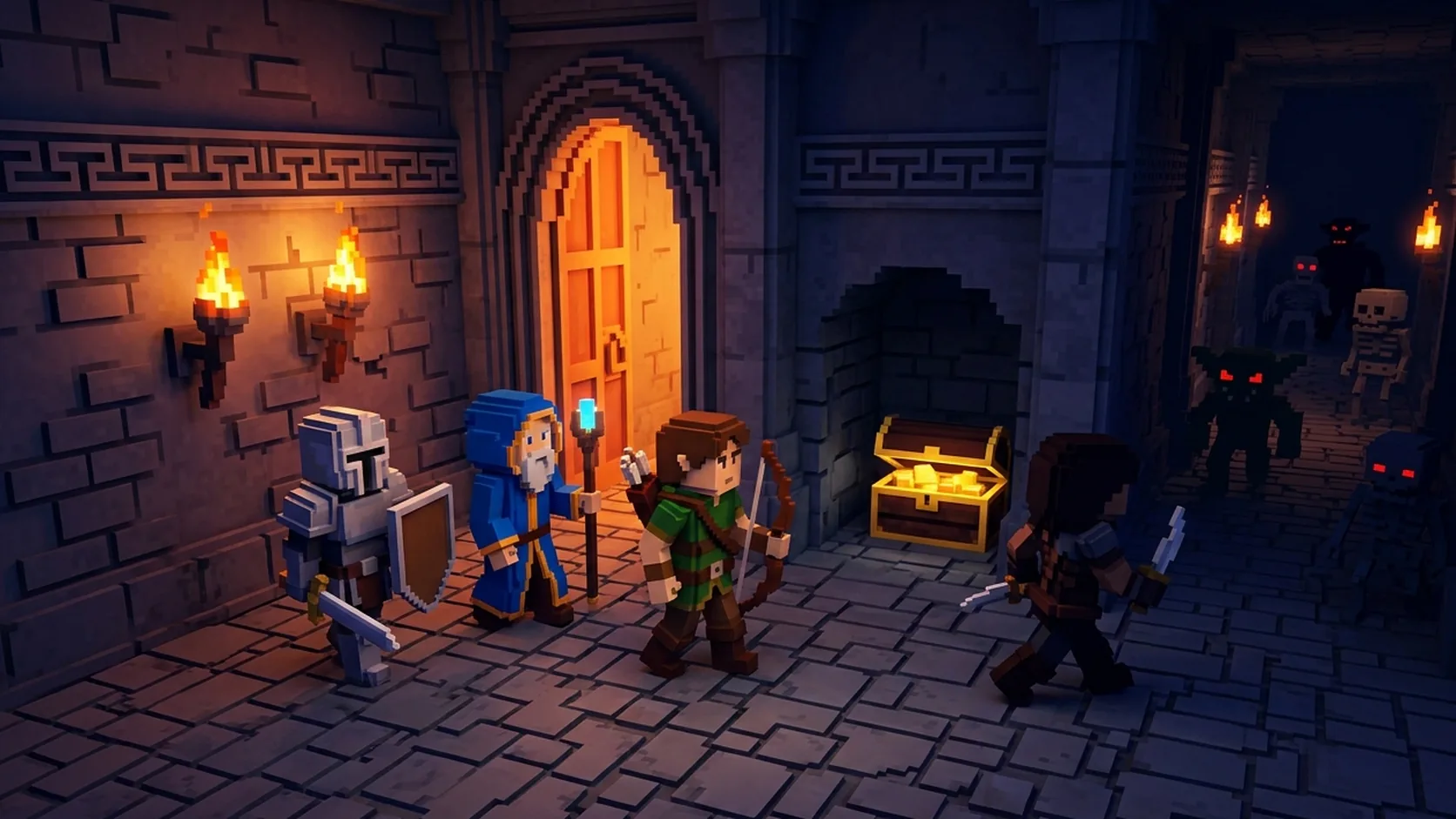 Grupo de aventureros voxel con armaduras distintas avanza por una mazmorra de piedra iluminada con antorchas