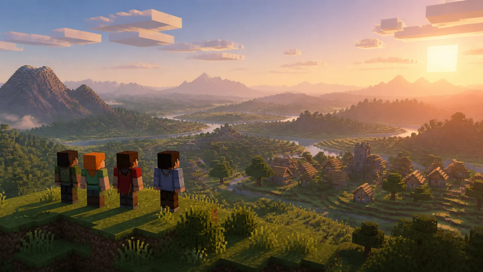 Cuatro jugadores contemplan un amplio mundo de Minecraft desde una colina al atardecer