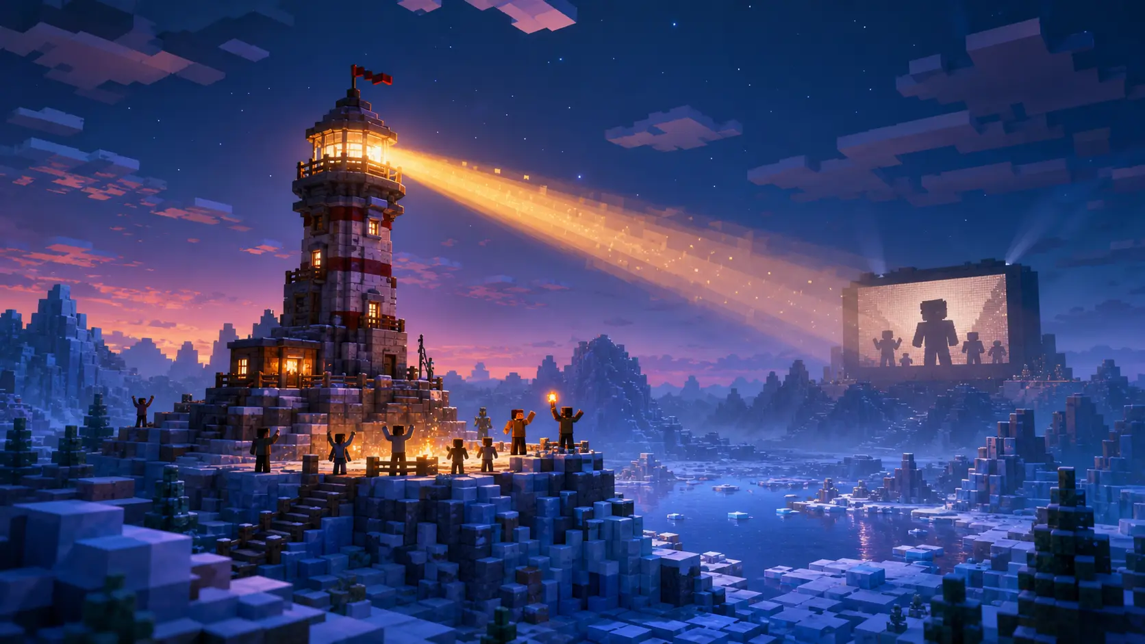 Faro de Minecraft construido sobre hielo y nieve frente a una pantalla de cine iluminada