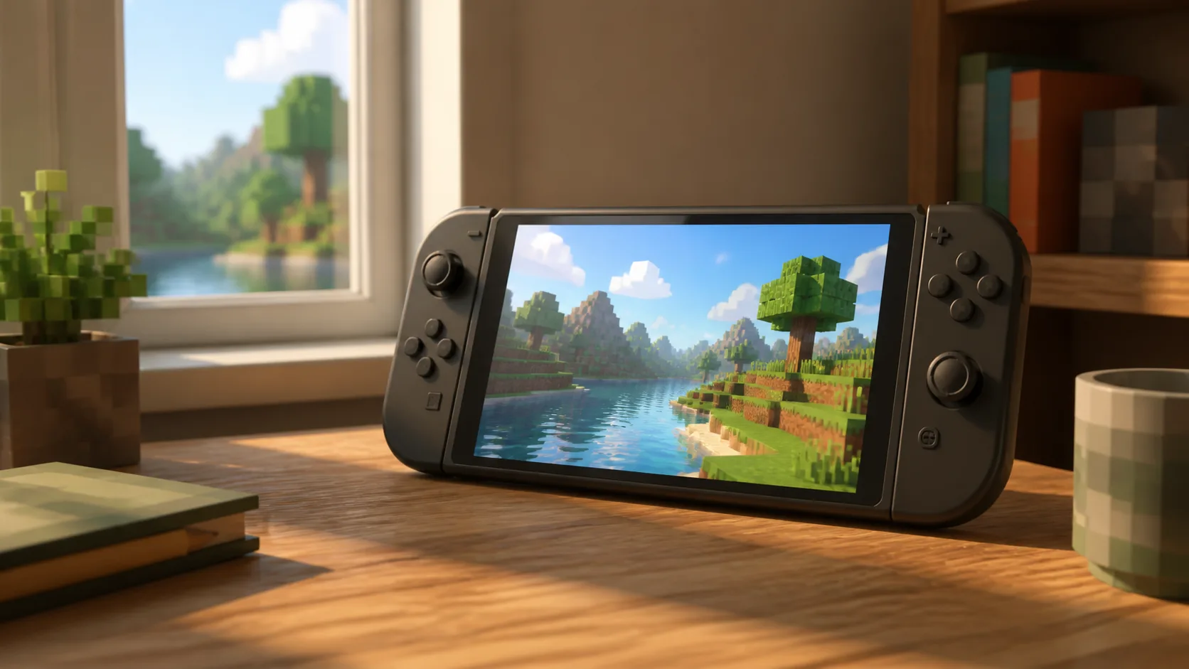 Consola portátil genérica mostrando un paisaje voxel con agua y árboles junto a una ventana