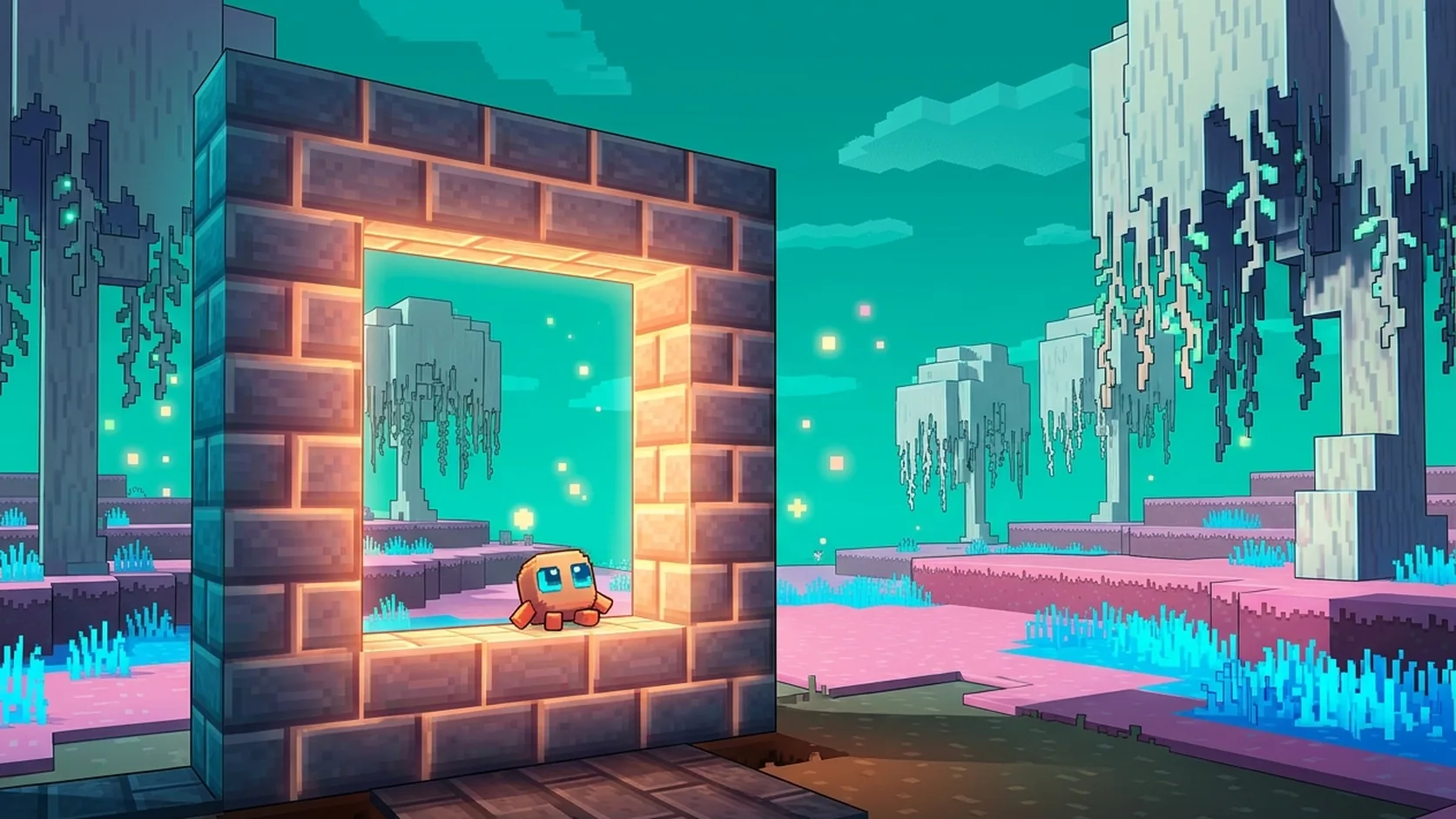 Portal de piedra luminoso que se abre a un paisaje voxel de cielo turquesa con árboles pálidos y hierba en tonos rosa y azul neón