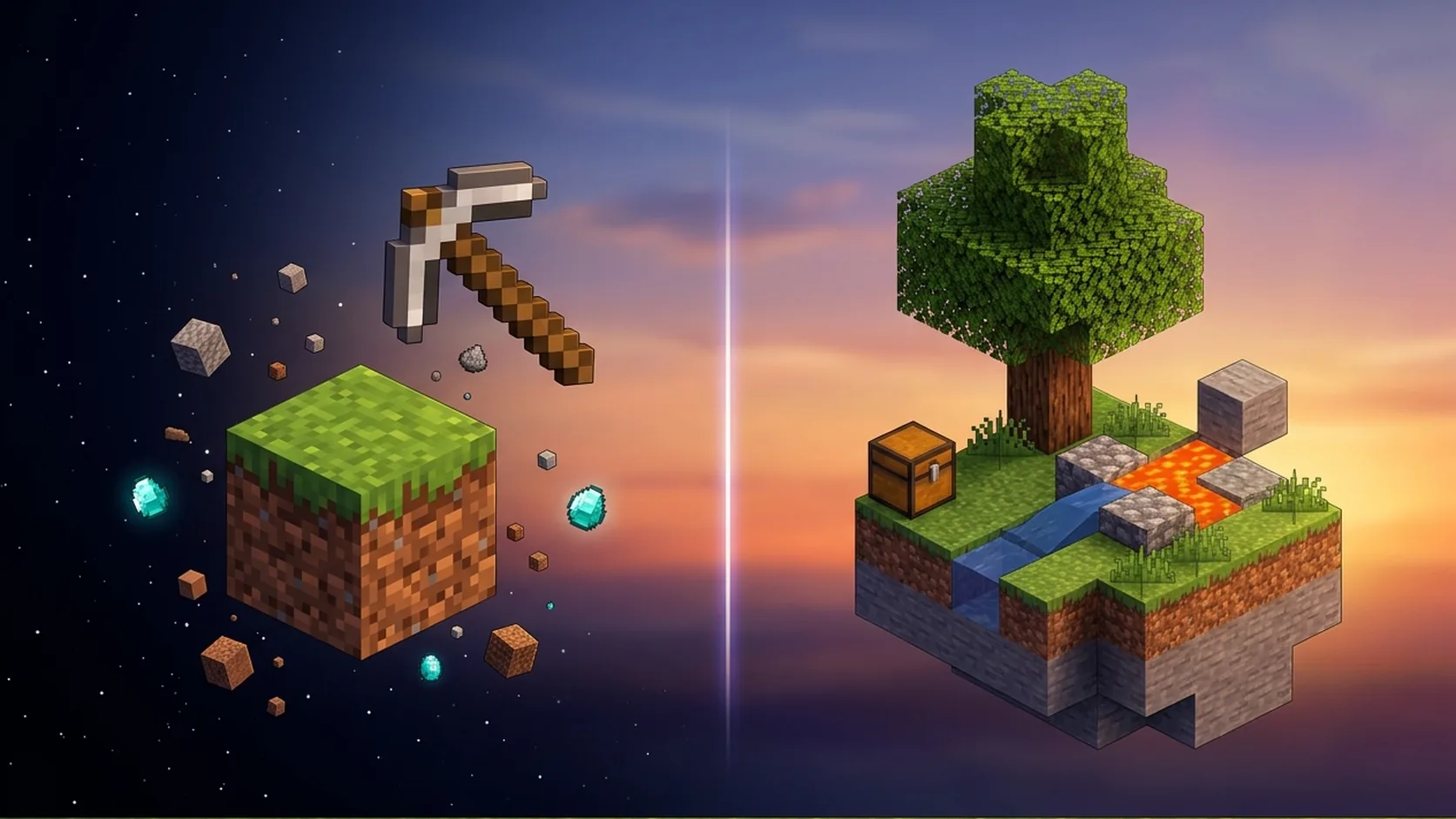 Un solo bloque de hierba flotando en el vacío a la izquierda y una pequeña isla con un árbol a la derecha, bajo un cielo de nubes