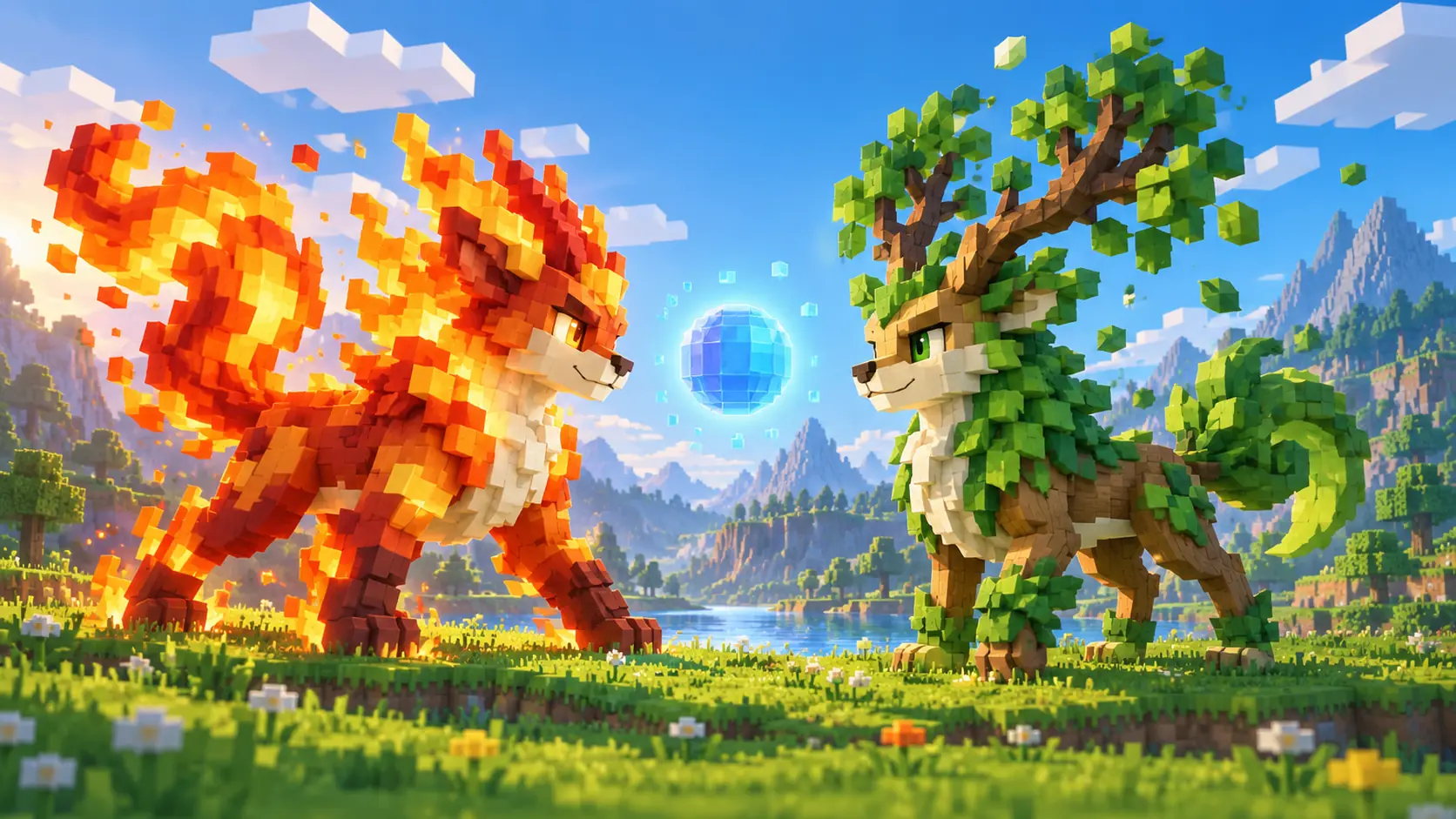 Dos criaturas de bloques de fantasía, una de fuego y otra de hierba, se enfrentan en un prado voxel con una cápsula roja y blanca en el suelo