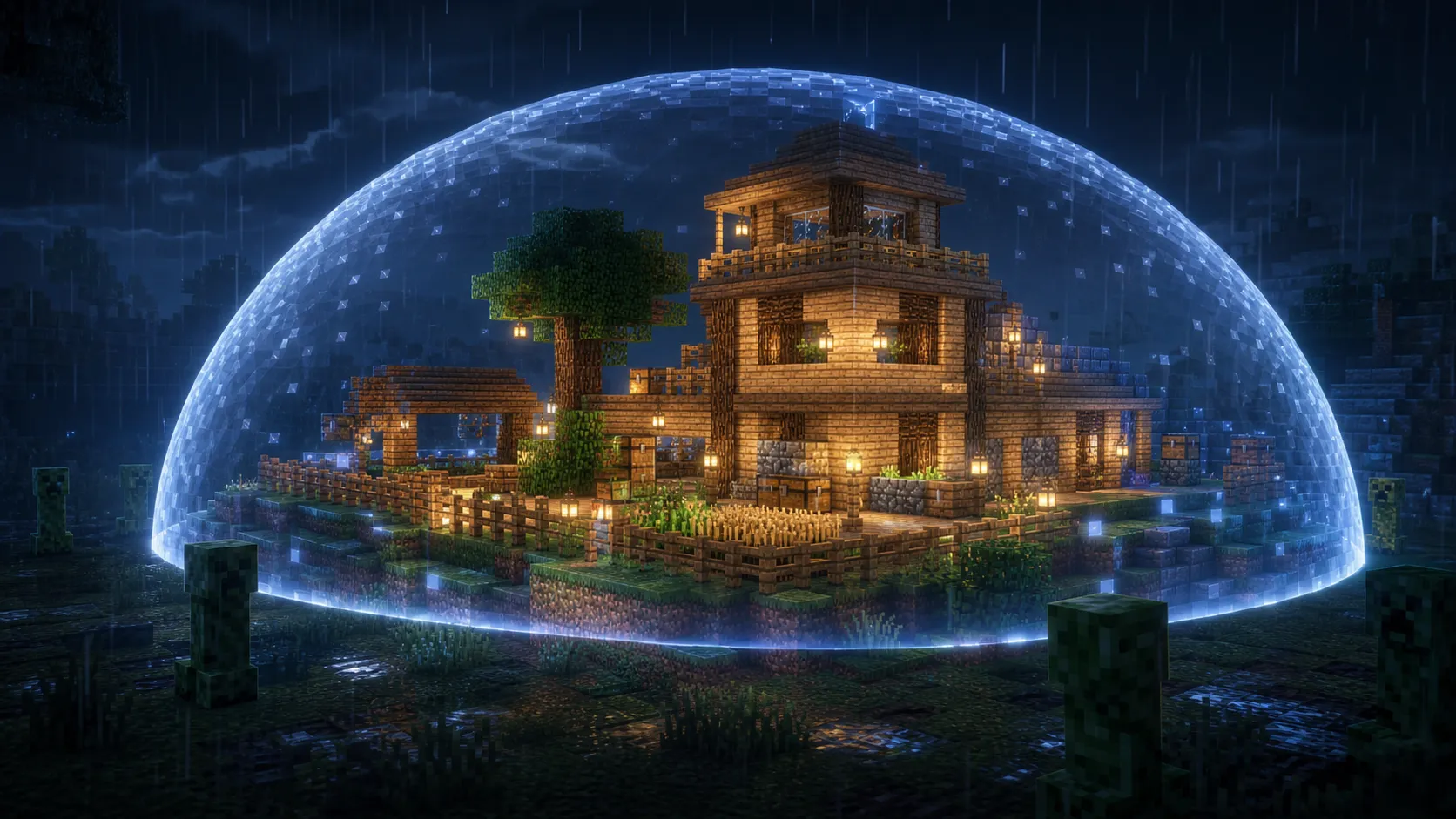 Base de madera protegida por un domo de energía mientras llueve en Minecraft