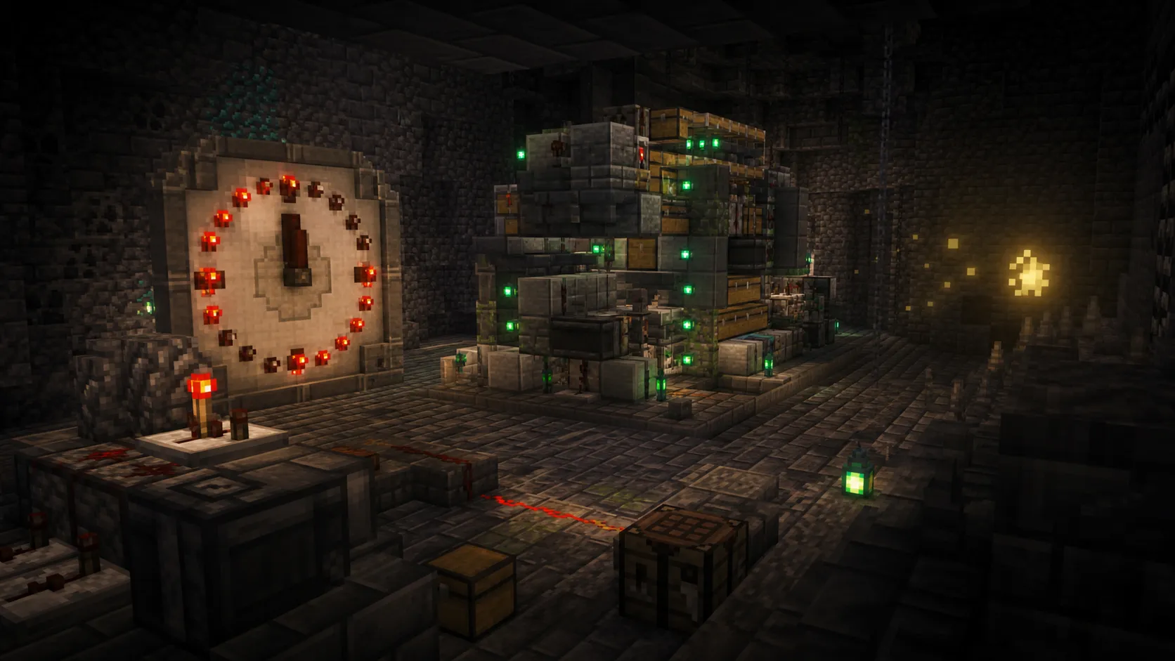Taller subterráneo con reloj de redstone y máquina de servidor iluminada en verde