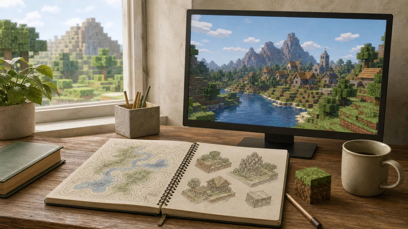 Cuaderno con mapas y un mundo de Minecraft con montañas y una aldea