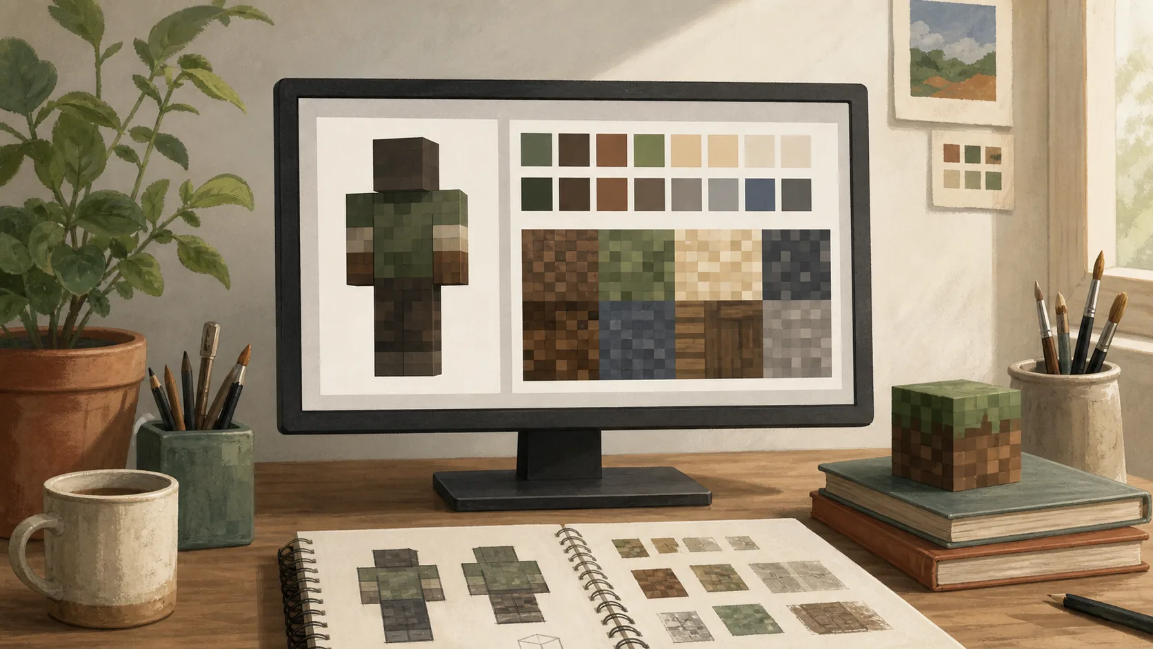 Monitor con una skin de Minecraft y una paleta de texturas